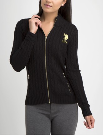 High-Quality Gold Logo Full Zip Cable Sweater New Collection